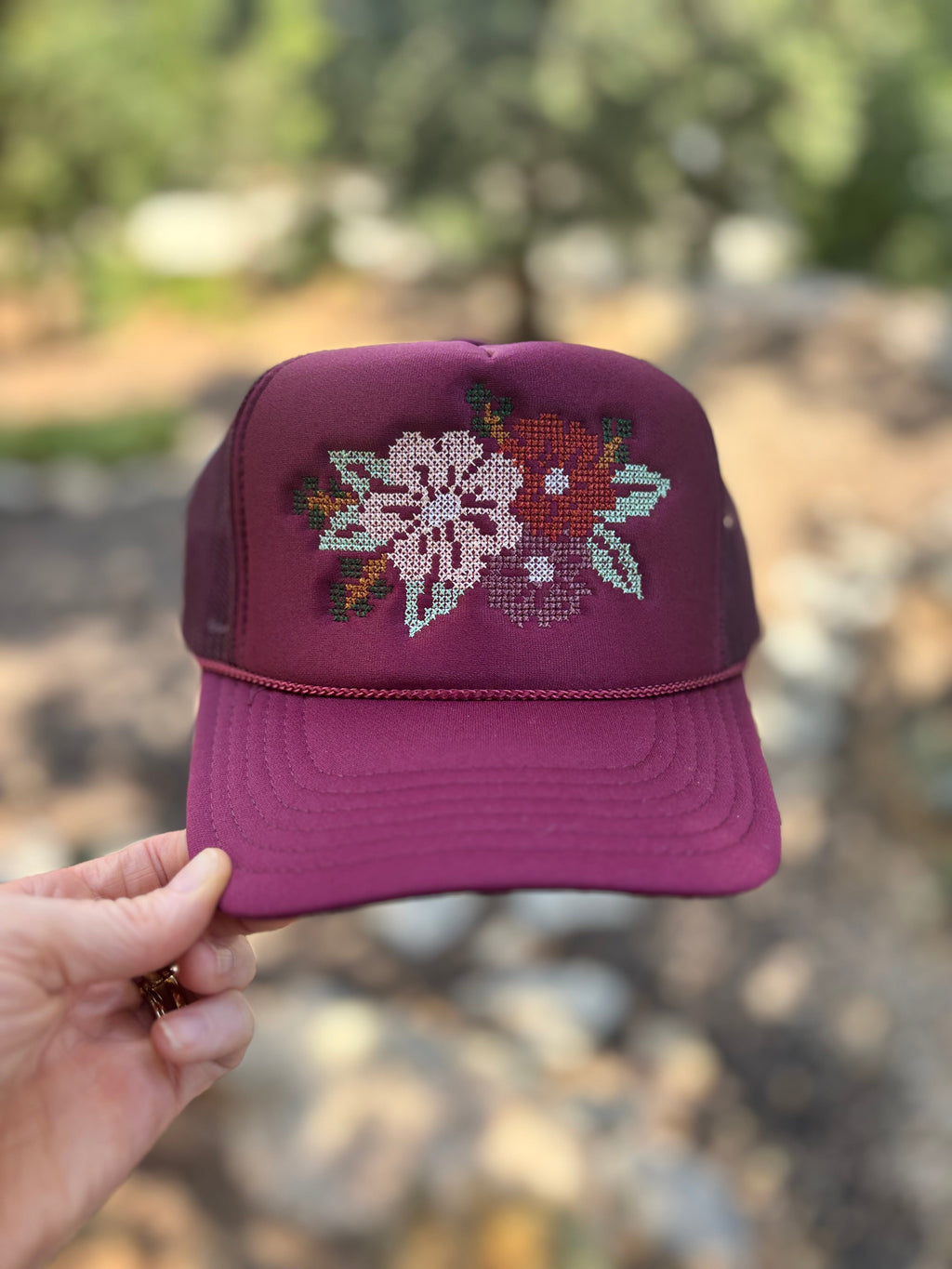 Cross Stitch Flower Trucker