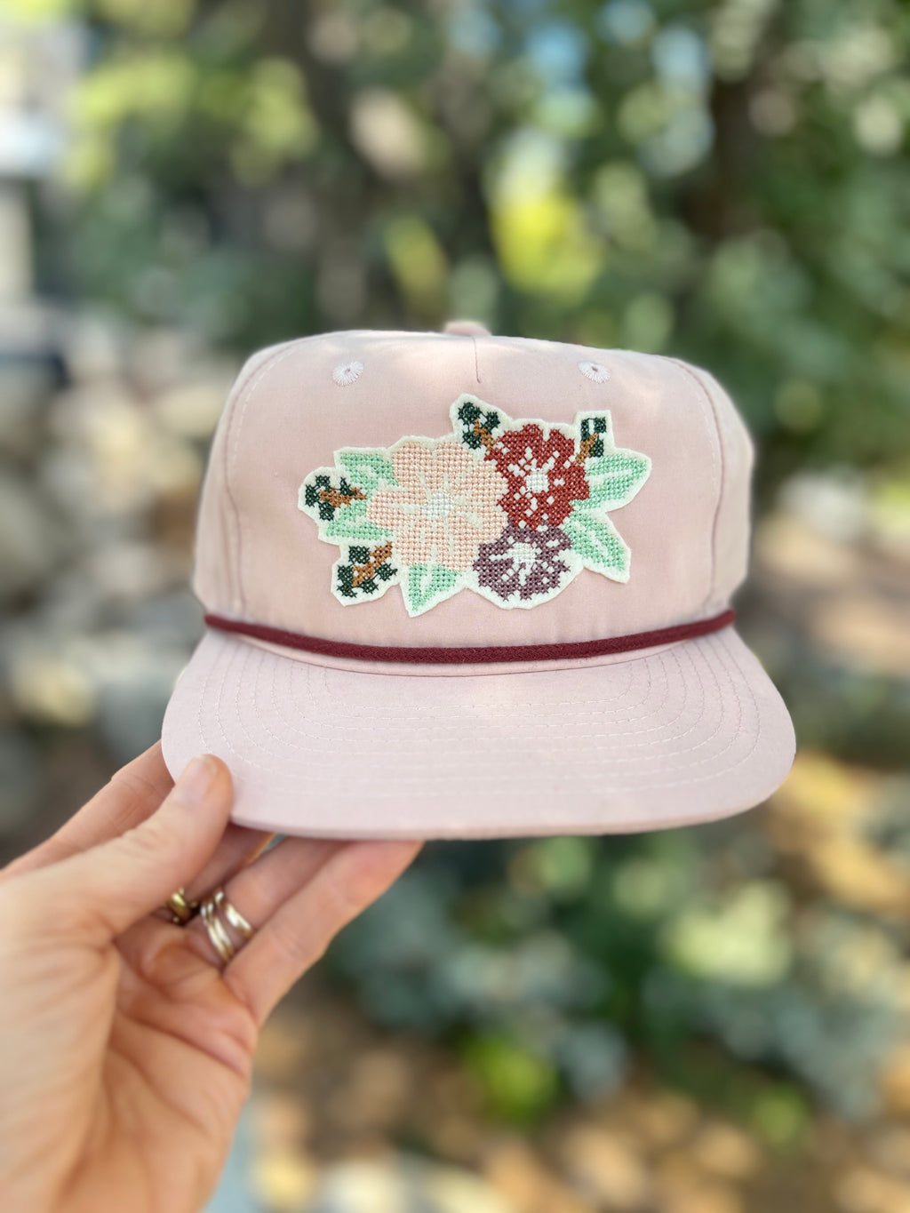 Cross Stitch Flower Applique Trucker