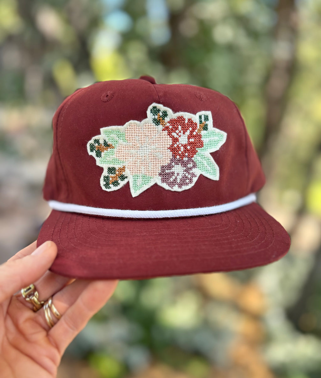 Cross Stitch Flower Applique Trucker