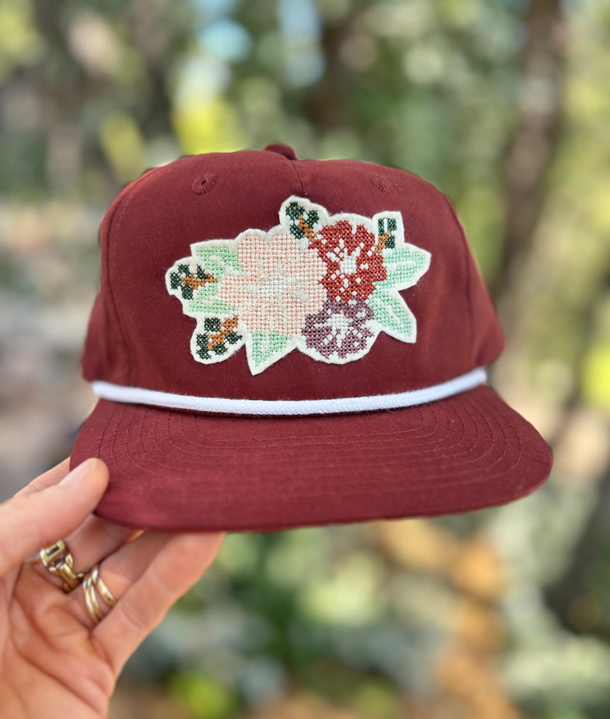 Cross Stitch Flower Applique Trucker