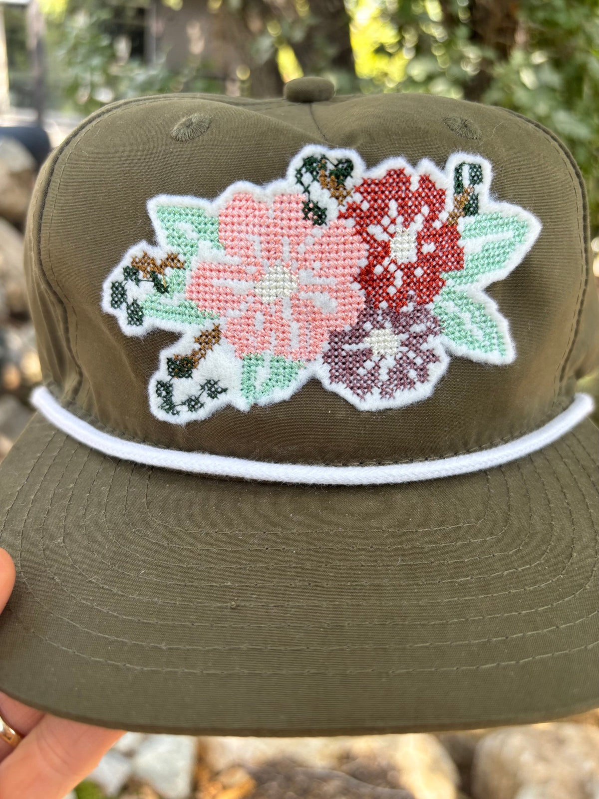 Cross Stitch Flower Applique Trucker