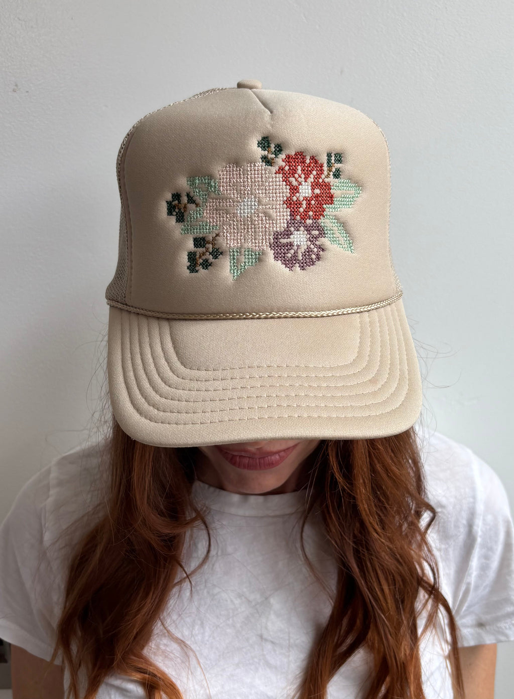 Cross Stitch Flower Trucker