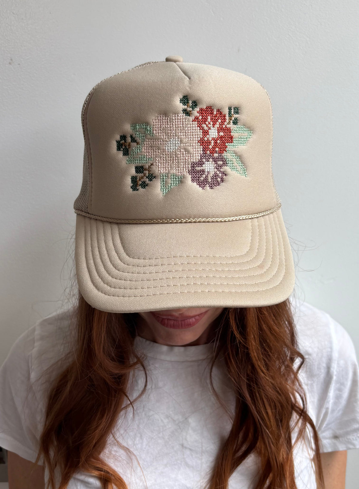Cross Stitch Flower Trucker