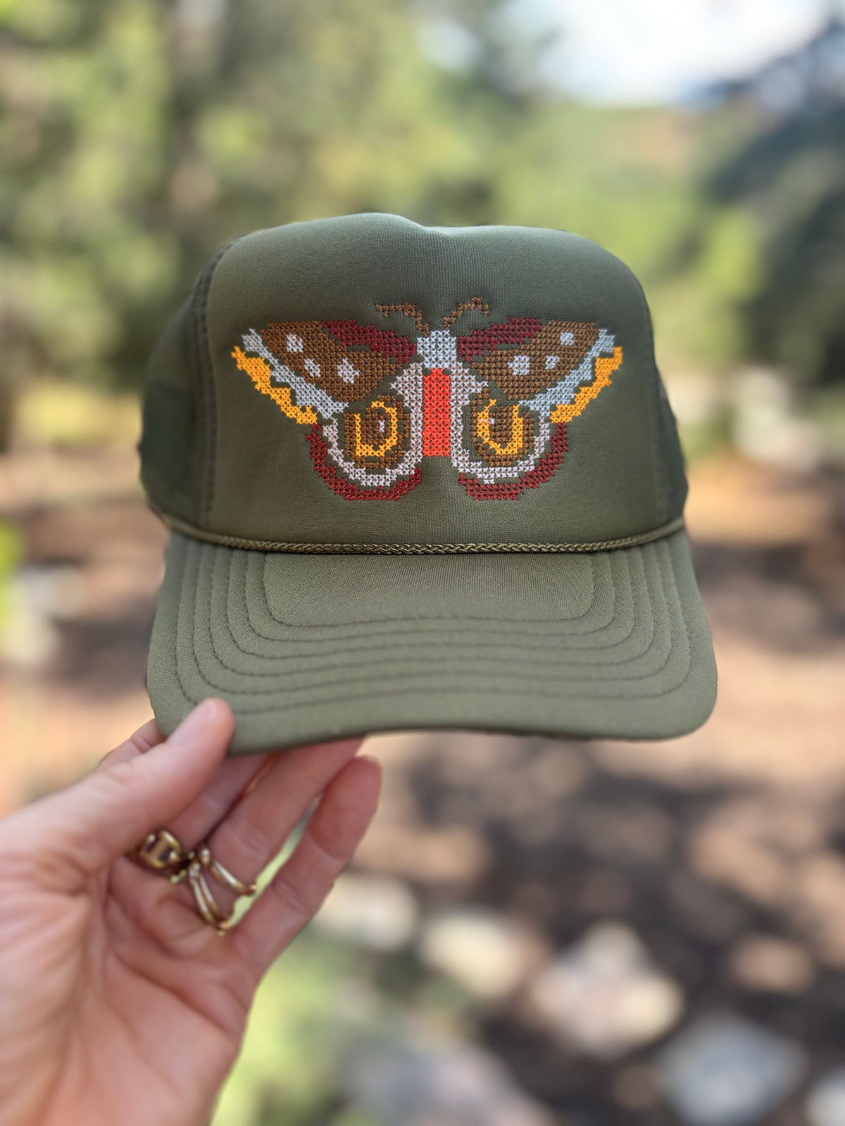 Cross Stitch Ember Moth Trucker