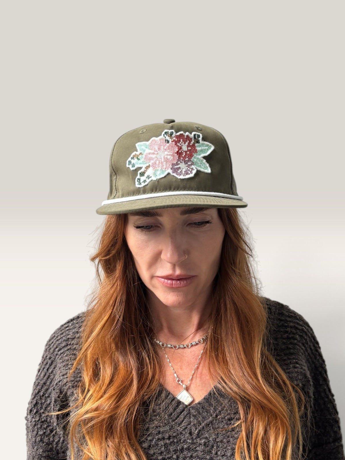 Cross Stitch Flower Applique Trucker