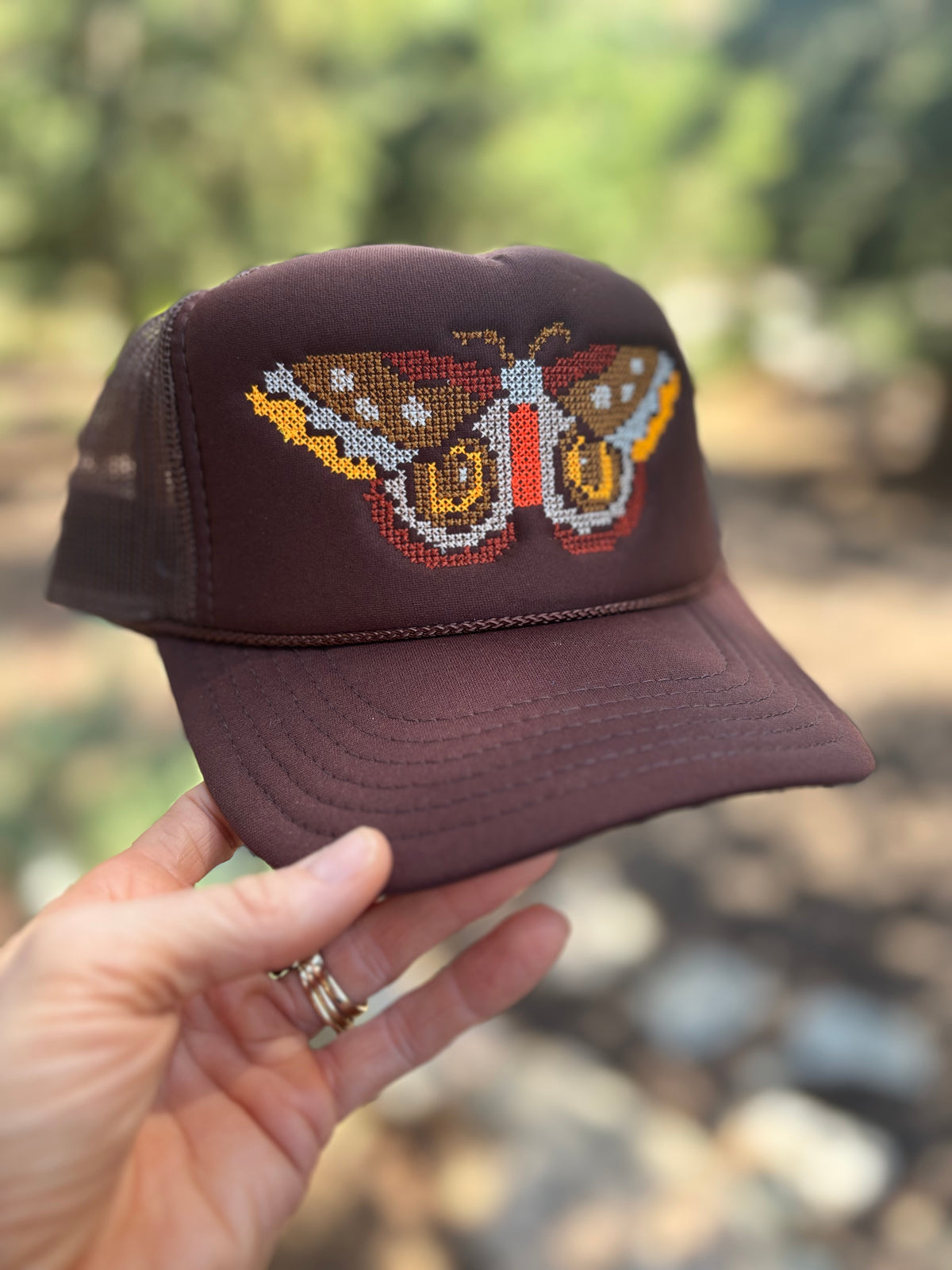 Cross Stitch Ember Moth Trucker